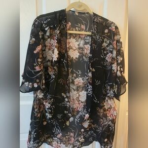 Amazon Black Sheer Floral Kimono Cardigan with Pink and Cream Blooms